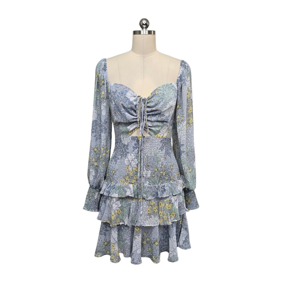 ASTR The Label Blue Floral Long Sleeve Tiered Mini Dress Size Medium Puff Sleeve